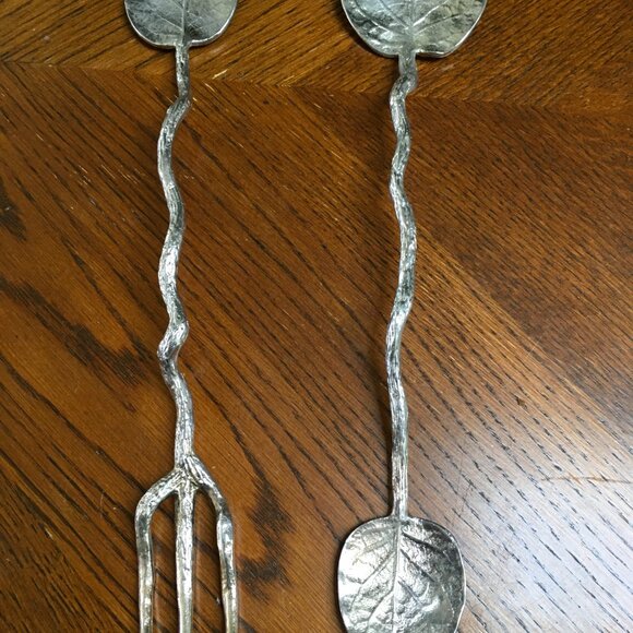 Michael Aram salad utensils set leaf double handled spoon fork rare signed art - Picture 5 of 13